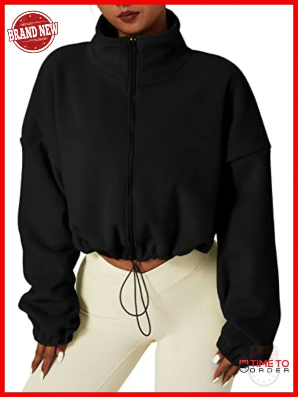 Women's Full Zip Fleece Short Jacket Warm Winter Long Sleeve Stand Collar